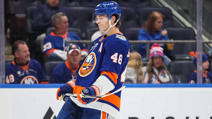 Oct 10, 2026; Elmont, New York, USA;  New York Islanders defenseman Matthew Schaefer (48) on the ice during the game against the Tampa Bay Lighting at UBS Arena. Mandatory Credit: Wendell Cruz-Imagn Images