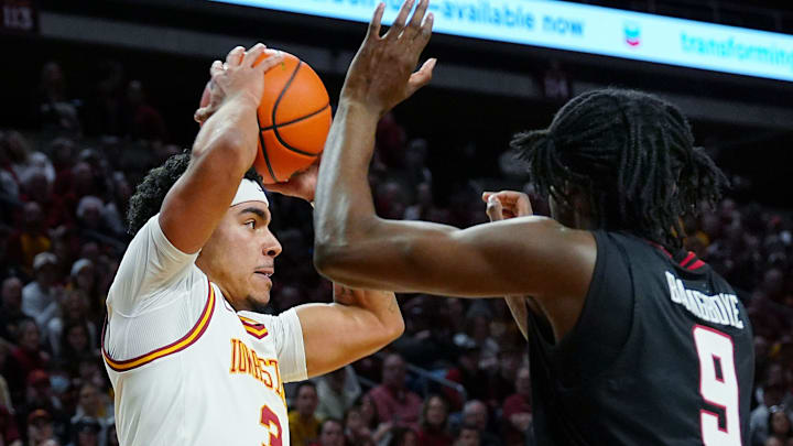Iowa State Cyclones guard Tamin Lipsey (3) passes the ball around Texas Tech Red Raiders forward Luke Bamgboye (9) during the first half in the Big-12 conference men’s basketball against Texas Tech on Feb. 28, 2026, at Hilton Coliseum in Ames, Iowa. Iowa State Cyclones guard Tamin Lipsey (3) passes the ball around Texas Tech Red Raiders forward Luke Bamgboye (9) during the first half in the Big-12 conference men’s basketball against Texas Tech on Feb. 28, 2026, at Hilton Coliseum in Ames, Iowa.