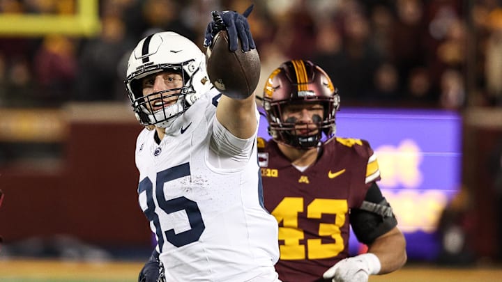 Nov 23, 2024; Minneapolis, Minnesota, USA; Penn State Nittany Lions tight end Luke Reynolds (85) celebrates after converting a fake punt against the Minnesota Golden Gophers during the fourth quarter at Huntington Bank Stadium. Mandatory Credit: Matt Krohn-Imagn Images