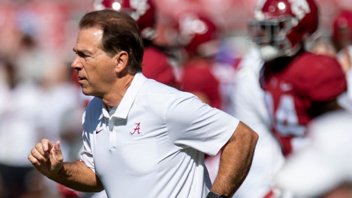 Alabama head coach Nick Saban takes the field for warm ups before the Southern Miss game at Bryant-Denny Stadium in Tuscaloosa, Ala., on Saturday September 21, 2019. Alabama head coach Nick Saban takes the field for warm ups before the Southern Miss game at Bryant-Denny Stadium in Tuscaloosa, Ala., on Saturday September 21, 2019.