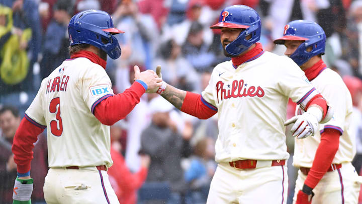Apr 6, 2025; Philadelphia, Pennsylvania, USA; Philadelphia Phillies outfielder Nick Castellanos (8) celebrates his grand slam with first base Bryce Harper (3) during the third inning against the Los Angeles Dodgers home run at Citizens Bank Park. Apr 6, 2025; Philadelphia, Pennsylvania, USA; Philadelphia Phillies outfielder Nick Castellanos (8) celebrates his grand slam with first base Bryce Harper (3) during the third inning against the Los Angeles Dodgers home run at Citizens Bank Park.