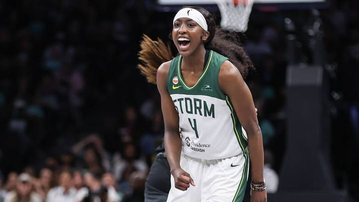 Aug 3, 2026; Brooklyn, New York, USA; Seattle Storm guard Flau'jae Johnson (4) celebrates in the third quarter against the New York Liberty at Barclays Center. Mandatory Credit: Wendell Cruz-Imagn Images Aug 3, 2026; Brooklyn, New York, USA; Seattle Storm guard Flau'jae Johnson (4) celebrates in the third quarter against the New York Liberty at Barclays Center. Mandatory Credit: Wendell Cruz-Imagn Images