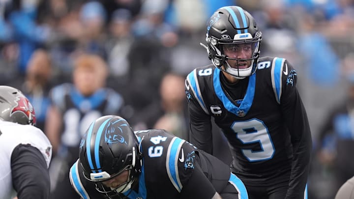 Dec 21, 2025; Charlotte, North Carolina, USA; Carolina Panthers quarterback Bryce Young (9) during the first half against the Tampa Bay Buccaneers at Bank of America Stadium. Mandatory Credit: Jim Dedmon-Imagn Images