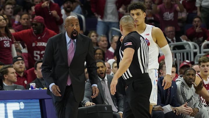 Indiana coach Mike Woodson argues with the referee against Northwestern at Welsh-Ryan Arena. 