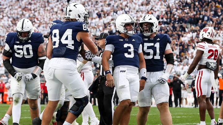 Penn State Nittany Lions quarterback Rocco Becht (3) celebrates after scoring a touchdown against the Wisconsin Badgers at Beaver Stadium. Penn State Nittany Lions quarterback Rocco Becht (3) celebrates after scoring a touchdown against the Wisconsin Badgers at Beaver Stadium.