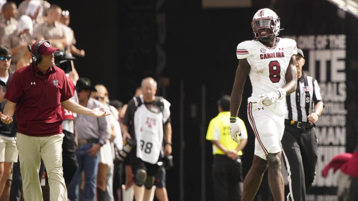Oct 28, 2023; College Station, Texas, USA; South Carolina Gamecocks wide receiver Nyck Harbor (8) celebrates a play against Texas A&M Aggies during the second half at Kyle Field. Mandatory Credit: Dustin Safranek-USA TODAY Sports