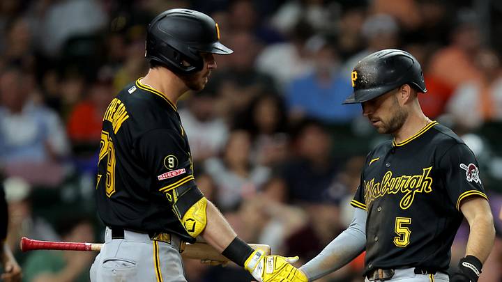 Jun 4, 2026; Houston, Texas, USA; Pittsburgh Pirates second baseman Brandon Lowe (5) celebrates with right fielder Ryan O'Hearn (29) after scoring a run against the Houston Astros during the sixth inning at Daikin Park. Mandatory Credit: Erik Williams-Imagn Images