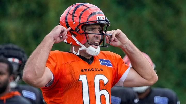 Cincinnati Bengals quarterback Joe Flacco (16) calls out before a snap during practice at the Paycor Stadium practice facility in downtown Cincinnati on Monday, Aug. 3, 2026. Cincinnati Bengals quarterback Joe Flacco (16) calls out before a snap during practice at the Paycor Stadium practice facility in downtown Cincinnati on Monday, Aug. 3, 2026.
