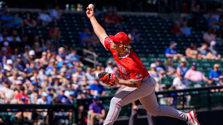 Feb 27, 2025; Mesa, Arizona, USA; Los Angeles Angels pitcher Caden Dana (36) on the mound in the first inning during a spring training game against the Chicago Cubs at Sloan Park. Mandatory Credit: Allan Henry-Imagn Images