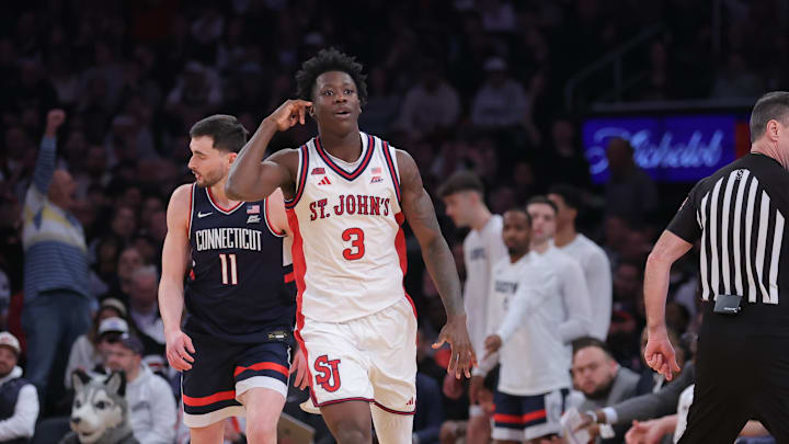 Mar 14, 2026; New York, NY, USA; St. John's basketball guard Joson Sanon (3) reacts after a made basket against the Connecticut Huskies during the first half of the men's Big East Conference Tournament Championship at Madison Square Garden. Mar 14, 2026; New York, NY, USA; St. John's basketball guard Joson Sanon (3) reacts after a made basket against the Connecticut Huskies during the first half of the men's Big East Conference Tournament Championship at Madison Square Garden.