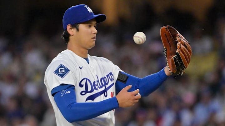 Apr 28, 2026; Los Angeles, California, USA; Los Angeles Dodgers pitcher Shohei Ohtani (17) reacts during the second inning against the Miami Marlins at Dodger Stadium. Mandatory Credit: Jayne Kamin-Oncea-Imagn Images