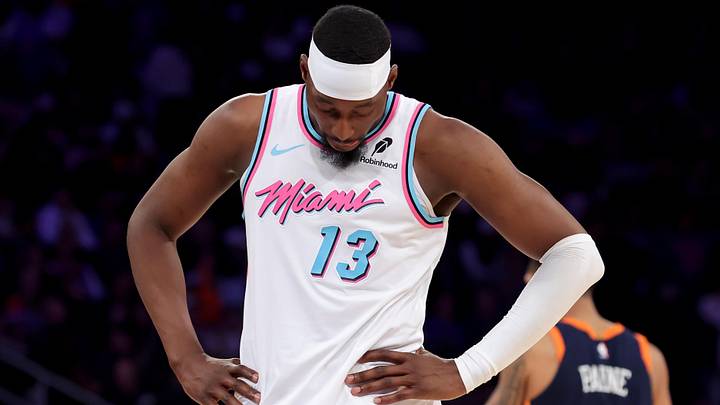 Miami Heat center Bam Adebayo (13) reacts Mandatory Credit: Brad Penner-Imagn Images) Miami Heat center Bam Adebayo (13) reacts Mandatory Credit: Brad Penner-Imagn Images)