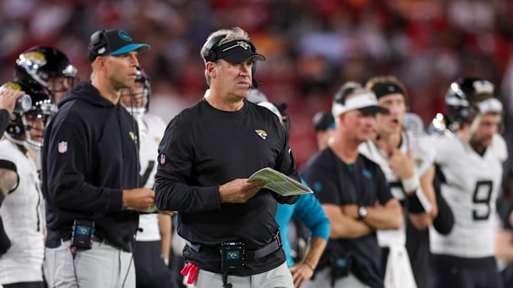 Dec 24, 2023; Tampa, Florida, USA;  Jacksonville Jaguars head coach Doug Pederson looks on from the