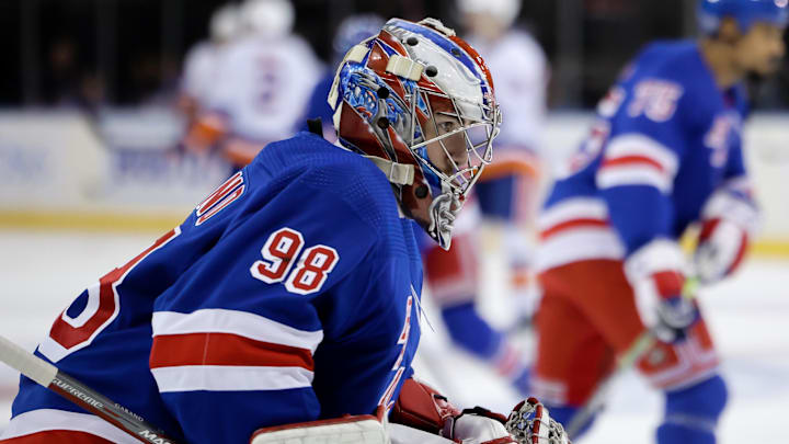 Sep 26, 2022; New York, New York, USA; New York Rangers goaltender Dylan Garand (98) looks out during warmups before a game against the New York Islanders at Madison Square Garden. Mandatory Credit: Jessica Alcheh-Imagn Images