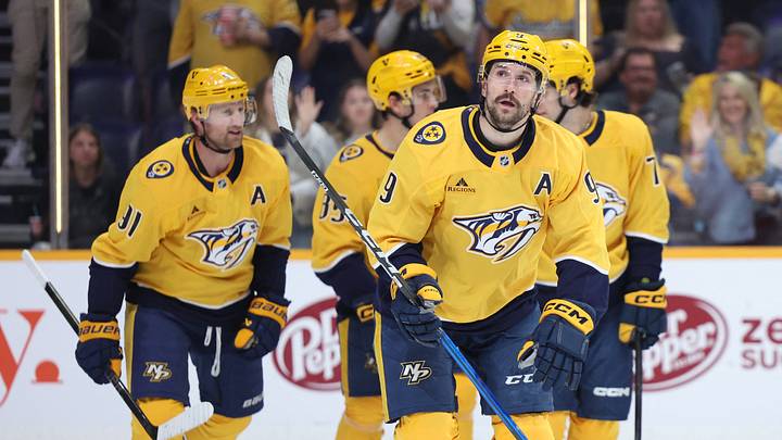 Apr 16, 2026; Nashville, Tennessee, USA; Nashville Predators left wing Filip Forsberg (9) regroups with his team after scoring a goal during the first period of their game against the Anaheim Ducks at Bridgestone Arena. Mandatory Credit: Alan Poizner-Imagn Images Apr 16, 2026; Nashville, Tennessee, USA; Nashville Predators left wing Filip Forsberg (9) regroups with his team after scoring a goal during the first period of their game against the Anaheim Ducks at Bridgestone Arena. Mandatory Credit: Alan Poizner-Imagn Images