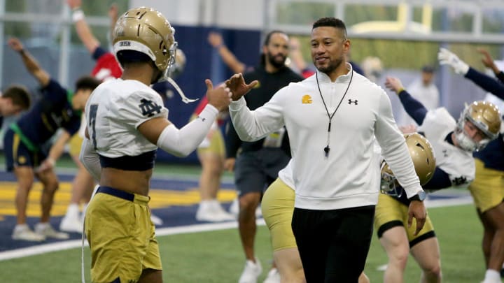 Notre Dame Head Coach Marcus Freeman at Notre Dame spring football practice Thursday, March 7, 2024, at the Irish Athletics Center in South Bend. Notre Dame Head Coach Marcus Freeman at Notre Dame spring football practice Thursday, March 7, 2024, at the Irish Athletics Center in South Bend.