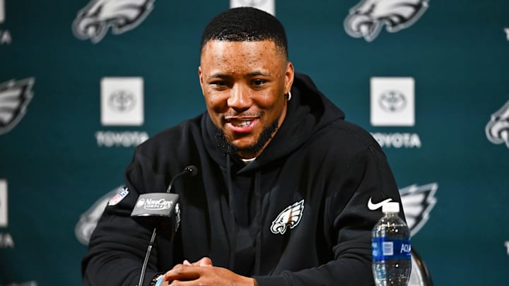 Mar 14, 2024; Philadelphia, PA, USA; Philadelphia Eagles running back Saquon Barkley speaks during a