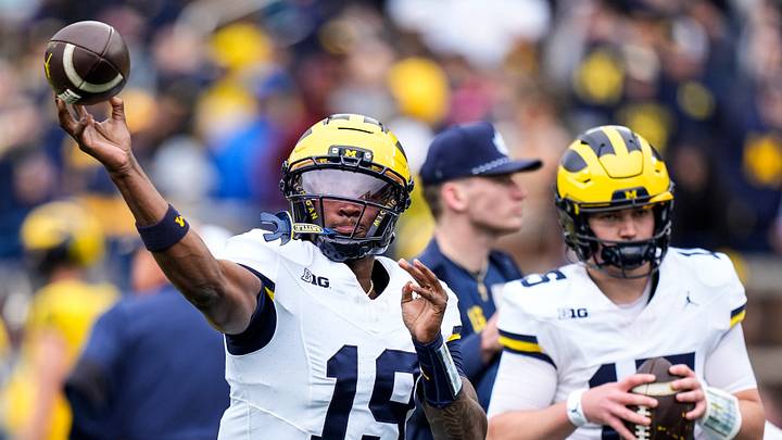 Michigan quarterback Bryce Underwood (19) warms up before the spring game at Michigan Stadium in Ann Arbor on Saturday, April 18, 2026. Michigan quarterback Bryce Underwood (19) warms up before the spring game at Michigan Stadium in Ann Arbor on Saturday, April 18, 2026.