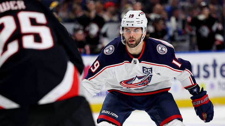 Apr 9, 2026; Buffalo, New York, USA;  Columbus Blue Jackets center Adam Fantilli (19) watches the puck during the third period against the Buffalo Sabres at KeyBank Center. Mandatory Credit: Timothy T. Ludwig-Imagn Images