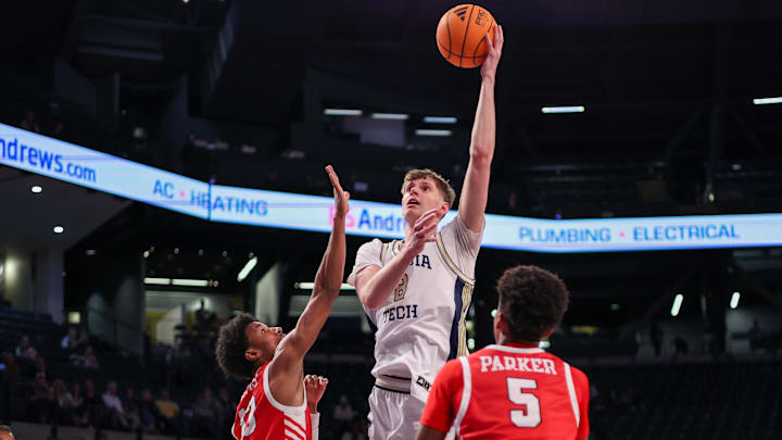 Dec 16, 2025; Atlanta, Georgia, USA; Georgia Tech Yellow Jackets center Cole Kirouac (8) shoots against the Marist Red Foxes in the second half at McCamish Pavilion. Mandatory Credit: Brett Davis-Imagn Images Dec 16, 2025; Atlanta, Georgia, USA; Georgia Tech Yellow Jackets center Cole Kirouac (8) shoots against the Marist Red Foxes in the second half at McCamish Pavilion. Mandatory Credit: Brett Davis-Imagn Images