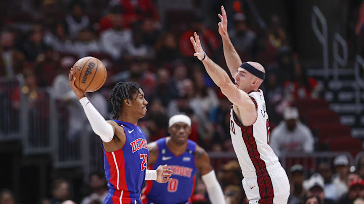 Apr 9, 2023; Chicago, Illinois, USA; Detroit Pistons guard Jaden Ivey (23) looks to pass the ball