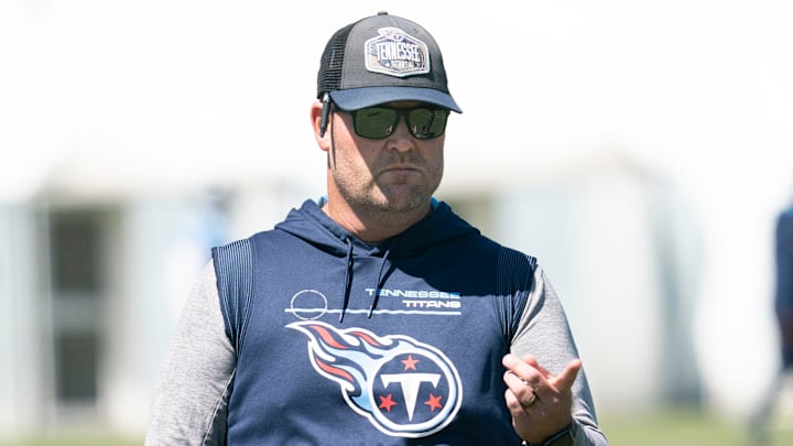 Tennessee Titans general manager Jon Robinson watches  practice at Ascension Saint Thomas Sports Park Thursday, Sept. 8, 2022, in Nashville, Tenn.