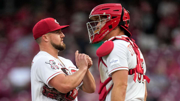 Cincinnati Reds catcher Tyler Stephenson (37) visits starting pitcher Graham Ashcraft (51) at the mound in the fourth inning of the MLB National League game between the Cincinnati Reds and the St. Louis Cardinals at Great American Ball Park in downtown Cincinnati on Tuesday, May 23, 2023. The Cardinals led 7-4 in the sixth inning. Cincinnati Reds catcher Tyler Stephenson (37) visits starting pitcher Graham Ashcraft (51) at the mound in the fourth inning of the MLB National League game between the Cincinnati Reds and the St. Louis Cardinals at Great American Ball Park in downtown Cincinnati on Tuesday, May 23, 2023. The Cardinals led 7-4 in the sixth inning.