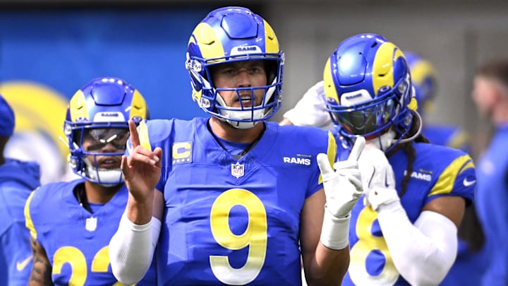 Oct 20, 2024; Inglewood, California, USA; Los Angeles Rams quarterback Matthew Stafford (9) calls out a play during warmups before the game against the Las Vegas Raiders at SoFi Stadium. Mandatory Credit: Alex Gallardo-Imagn Images Oct 20, 2024; Inglewood, California, USA; Los Angeles Rams quarterback Matthew Stafford (9) calls out a play during warmups before the game against the Las Vegas Raiders at SoFi Stadium. Mandatory Credit: Alex Gallardo-Imagn Images