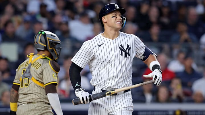 May 7, 2025; Bronx, New York, USA; New York Yankees right fielder Aaron Judge (99) reacts after striking out to end the third inning against the San Diego Padres at Yankee Stadium. Mandatory Credit: Brad Penner-Imagn Images May 7, 2025; Bronx, New York, USA; New York Yankees right fielder Aaron Judge (99) reacts after striking out to end the third inning against the San Diego Padres at Yankee Stadium. Mandatory Credit: Brad Penner-Imagn Images