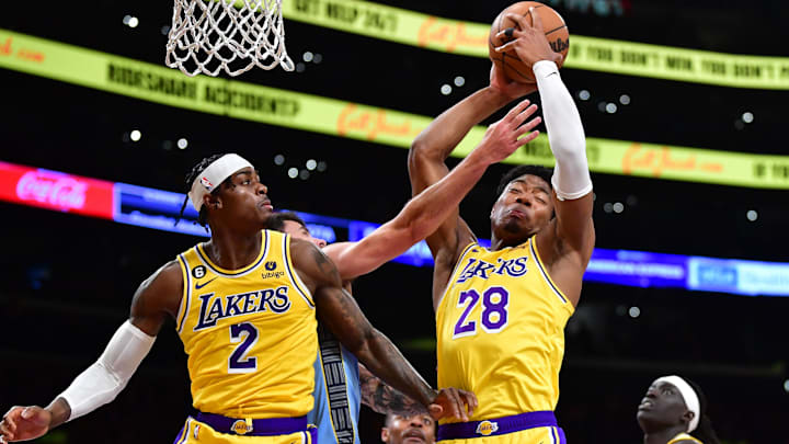 Mar 7, 2023; Los Angeles, California, USA; Los Angeles Lakers forward Rui Hachimura (28) gets the rebound in front of forward Jarred Vanderbilt (2) against the Memphis Grizzlies during the second half at Crypto.com Arena. Mandatory Credit: Gary A. Vasquez-Imagn Images Mar 7, 2023; Los Angeles, California, USA; Los Angeles Lakers forward Rui Hachimura (28) gets the rebound in front of forward Jarred Vanderbilt (2) against the Memphis Grizzlies during the second half at Crypto.com Arena. Mandatory Credit: Gary A. Vasquez-Imagn Images