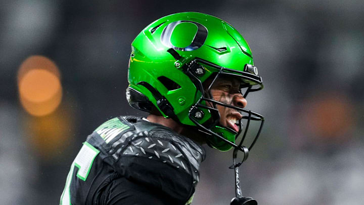 Oregon Ducks wide receiver Tez Johnson (15) celebrates Saturday, Dec. 7, 2024, during the Big Ten Championship game between the Oregon Ducks and the Penn State Nittany Lions at Lucas Oil Stadium in Indianapolis.