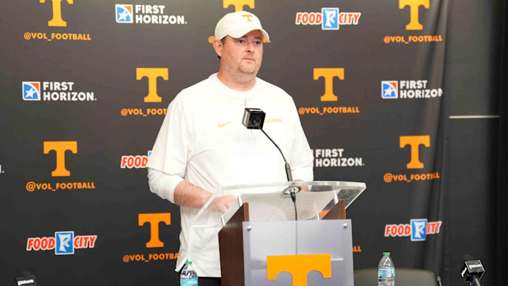 Tennessee head coach Josh Heupel speaks after the Orange & White spring game, Saturday, April 12, 2025.