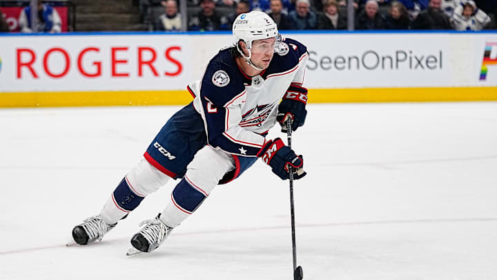 Apr 4, 2023; Toronto, Ontario, CAN; Columbus Blue Jackets defenseman Andrew Peeke (2) carries the