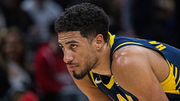 Feb 24, 2025; Indianapolis, Indiana, USA; Indiana Pacers guard Tyrese Haliburton (0) in the second half against the Denver Nuggets at Gainbridge Fieldhouse. Mandatory Credit: Trevor Ruszkowski-Imagn Images