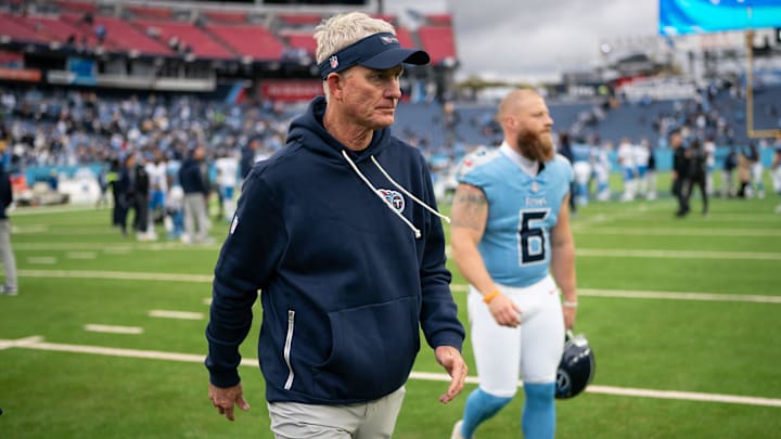 Tennessee Titans interim coach Mike McCoy heads to the locker room after their loss to the Los Angeles Chargers at Nissan Stadium in Nashville, Tenn., Sunday, Nov. 2, 2025.