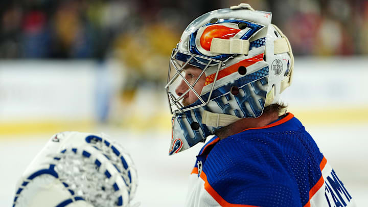 Mar 28, 2023; Las Vegas, Nevada, USA; Edmonton Oilers goaltender Jack Campbell (36) warms up before