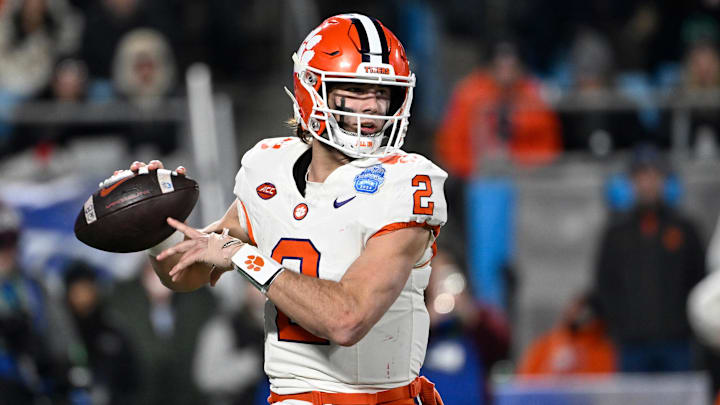 Dec 7, 2024; Charlotte, NC, USA; Clemson Tigers quarterback Cade Klubnik (2) throws during the third quarter against the Southern Methodist Mustangs in the 2024 ACC Championship game at Bank of America Stadium. Mandatory Credit: Bob Donnan-Imagn Images
