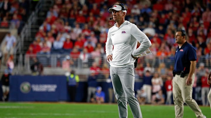 Nov 15, 2025; Oxford, Mississippi, USA; Mississippi Rebels head coach Lane Kiffin looks on during the first quarter against the Florida Gators at Vaught-Hemingway Stadium. Mandatory Credit: Petre Thomas-Imagn Images