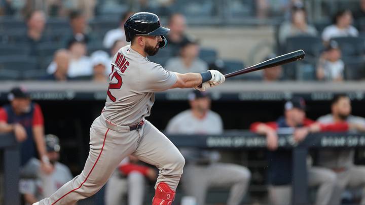 Jun 5, 2026; Bronx, New York, USA; Boston Red Sox catcher Connor Wong (12) singles during the third inning against the New York Yankees at Yankee Stadium. Mandatory Credit: Vincent Carchietta-Imagn Images