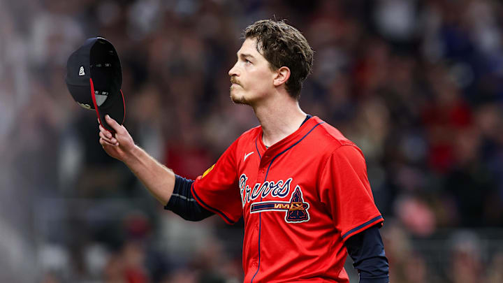 Atlanta Braves starting pitcher Max Fried tips his hat to the crowd after being removed from a game against the Kansas City Royals.