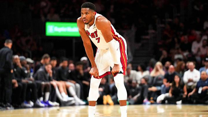 Oct 14, 2026; Miami, Florida, USA;  Miami Heat forward Giannis Antetokounmpo (7) takes a moment during a break in the game against the Brooklyn Nets in the second half at Kaseya Center.  Mandatory Credit: Jim Rassol-Imagn Images