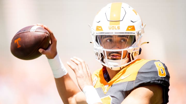 Tennessee quarterback Nico Iamaleava (8) during Tennessee's Orange & White spring football game at Neyland Stadium on Saturday, April 13, 2024.