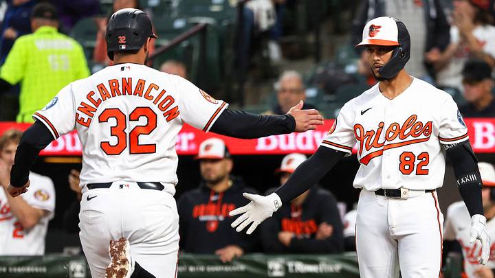 Sep 23, 2026; Baltimore, Maryland, USA; Baltimore Orioles designated hitter Christian Encarnacion-Strand (32) celebrates with Baltimore Orioles second baseman Jeremiah Jackson (82) after scoring a run during the first inning in Game 2 of a doubleheader against the Toronto Blue Jays at Oriole Park at Camden Yards. Mandatory Credit: Daniel Kucin Jr.-Imagn Images Sep 23, 2026; Baltimore, Maryland, USA; Baltimore Orioles designated hitter Christian Encarnacion-Strand (32) celebrates with Baltimore Orioles second baseman Jeremiah Jackson (82) after scoring a run during the first inning in Game 2 of a doubleheader against the Toronto Blue Jays at Oriole Park at Camden Yards. Mandatory Credit: Daniel Kucin Jr.-Imagn Images
