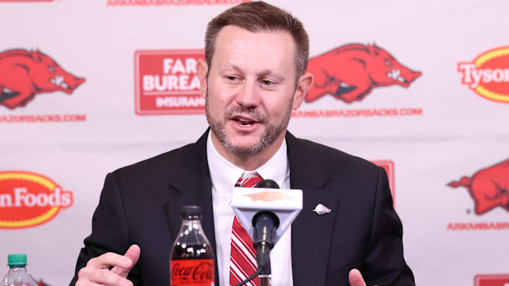 Arkansas Razorbacks coach Ryan Silverfield during his introductory press conference at Frank Broyles Center.
