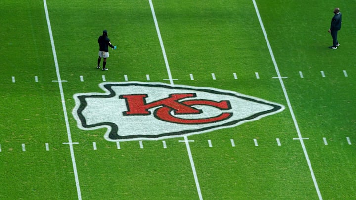 Nov 8, 2020; Kansas City, Missouri, USA; A general view of the centerfield logo before the game between the Kansas City Chiefs and Carolina Panthers at Arrowhead Stadium. Mandatory Credit: Denny Medley-Imagn Images