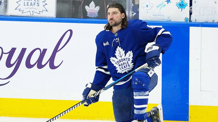 Apr 17, 2025; Toronto, Ontario, CAN; Toronto Maple Leafs defenseman Chris Tanev (8) stretches during the warmup before a game against the Detroit Red Wings at Scotiabank Arena. Mandatory Credit: Nick Turchiaro-Imagn Images Apr 17, 2025; Toronto, Ontario, CAN; Toronto Maple Leafs defenseman Chris Tanev (8) stretches during the warmup before a game against the Detroit Red Wings at Scotiabank Arena. Mandatory Credit: Nick Turchiaro-Imagn Images