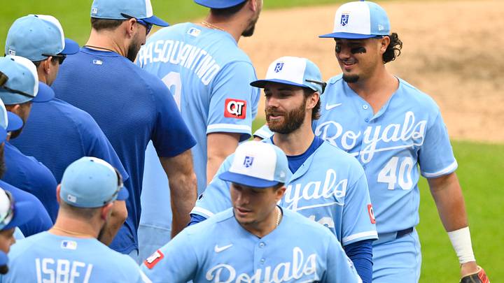 Aug 29, 2026; Cleveland, Ohio, USA; The Kansas City Royals celebrate a win over the Cleveland Guardians at Progressive Field. Mandatory Credit: David Richard-Imagn Images Aug 29, 2026; Cleveland, Ohio, USA; The Kansas City Royals celebrate a win over the Cleveland Guardians at Progressive Field. Mandatory Credit: David Richard-Imagn Images