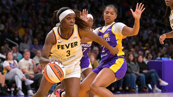 May 13, 2026; Los Angeles, California, USA; Indiana Fever guard Raven Johnson (3) is defended by Los Angeles Sparks guard Chance Gray (2) in the second half at Crypto.com Arena. Mandatory Credit: Jayne Kamin-Oncea-Imagn Images