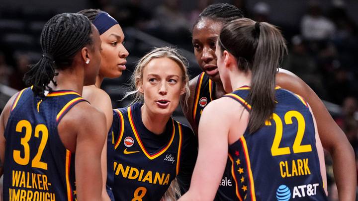 The Indiana Fever huddle up Saturday, May 2, 2026, during the first half of a preseason game at Gainbridge Fieldhouse in Indianapolis.