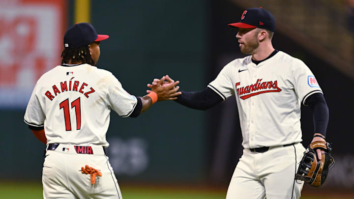 Sep 14, 2024; Cleveland, Ohio, USA; Cleveland Guardians third baseman Jose Ramirez (11) celebrates with first baseman David Fry (6) after the Guardians beat the Tampa Bay Rays at Progressive Field. Mandatory Credit: Ken Blaze-Imagn Images